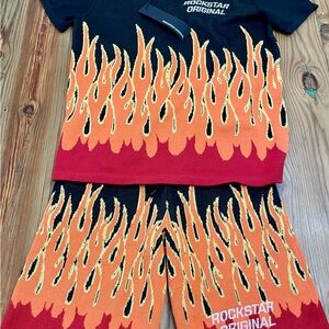 Men’s Rockstar Originals Shorts Shirt Set Outfit SIZE Small Black Flames New NWT
